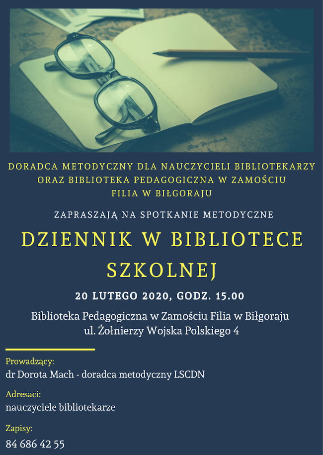 Plakat zawiera informacje zgodne z treścią artykułu. U góry plakatu grafika przedstawiająca otwarty zeszyt na którym leżą okulary i długopis.