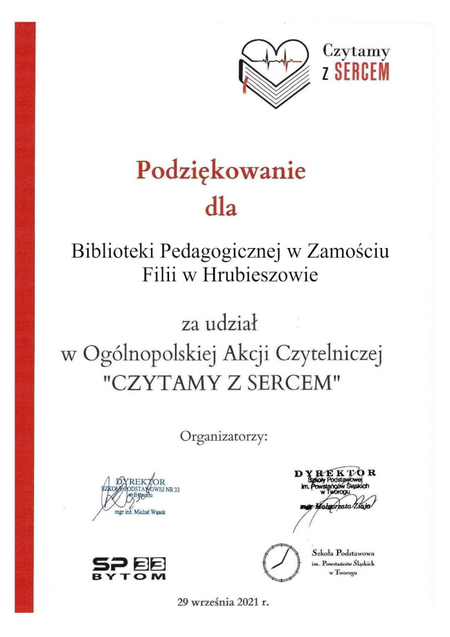 Na zdjęciu logo akcji i treść podziękowania: „Podziękowanie dla Biblioteki Pedagogicznej w Zamościu Filia w Hrubieszowie za udział w Ogólnopolskiej Akcji Czytelniczej „Czytamy z sercem”