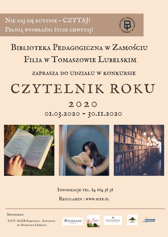 Plakat. W prawym górnym rogu znajduje się logo biblioteki, następnie tytuł konkursu, poniżej trzy zdjęcia przedstawiające książkę, kobietę czytającą książkę i regał z książkami, na samym dole loga sponsorów.