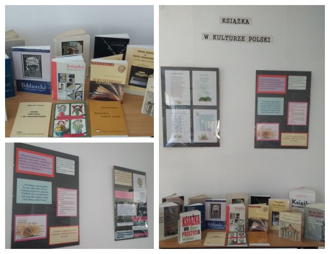 Kolaż składający się z trzech zdjęć. Na pierwszym zdjęciu książki ze zbiorów biblioteki ustawione na ławce. Drugie zdjęcie przedstawia antyramy z sentencjami o książkach. Na trzecim zdjęciu widoczny tytuł wystawy oraz ekspozycja książkowa.