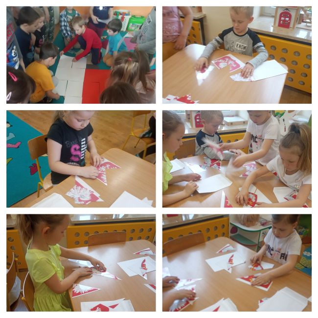 Kolaż zdjęć, na których przedszkolaki układają puzzle – godła Polski