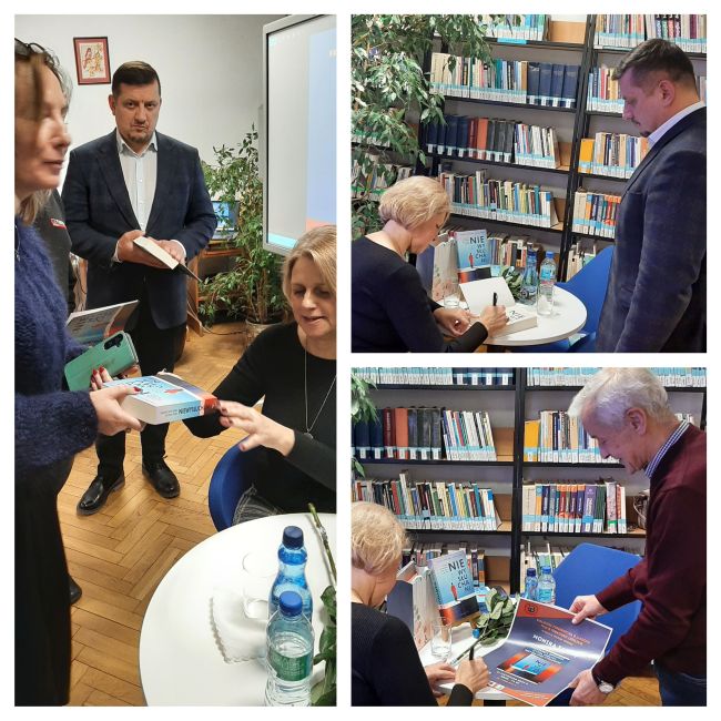 Kolaż zdjęć, na których Monika Tadra podpisuje książki
