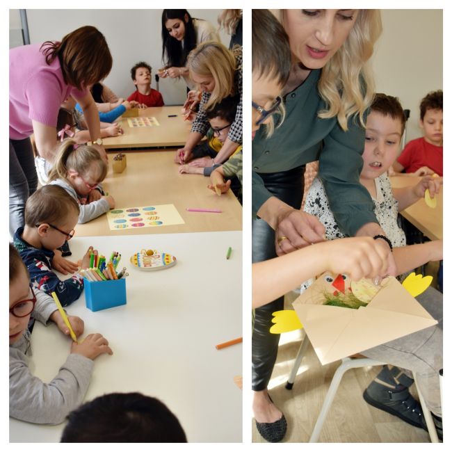 Kolaż zdjęć z zajęć, gdzie dzieci przy stolikach, wykonują pracę plastyczną.