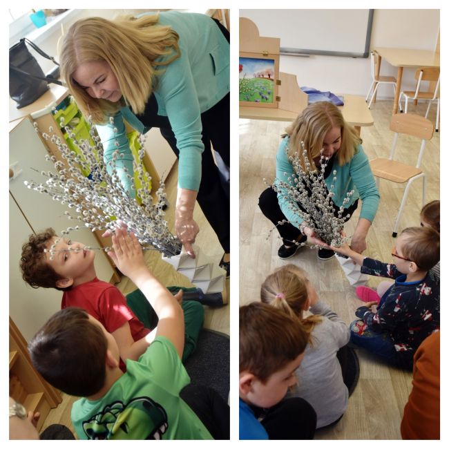 Kolaż zdjęć z zajęć, na których przedszkolaki głaszczą bazie. Ćwiczenie sensoryczne.