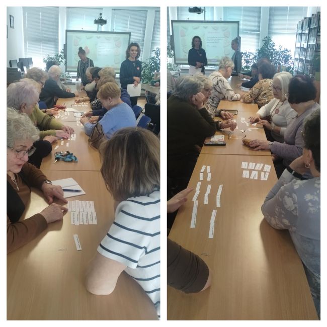 Kolaż zdjęć, na którym słuchacze Uniwersytetu Trzeciego Wieku z Tomaszowa Lubelskiego wykonują zadania na tablicy interaktywnej.