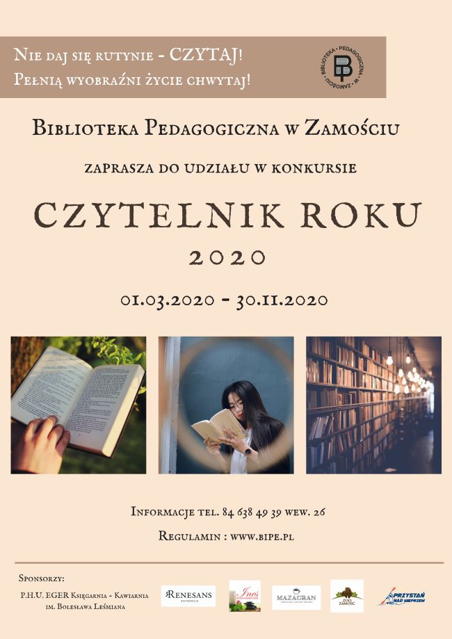 Plakat. W prawym górnym rogu znajduje się logo biblioteki, następnie tytuł konkursu, poniżej trzy zdjęcia przedstawiające książkę, kobietę czytającą książkę i regał z książkami, na samym dole loga sponsorów.