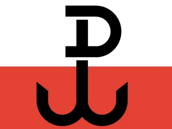 Symbol Armii Krajowej, na tle polskiej flagi duża litera P przechodząca w kotwicę