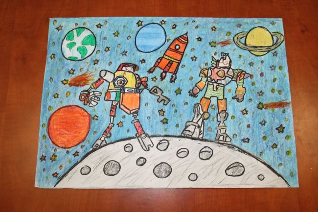 praca plastyczna przedstawiająca kosmos i 2 roboty