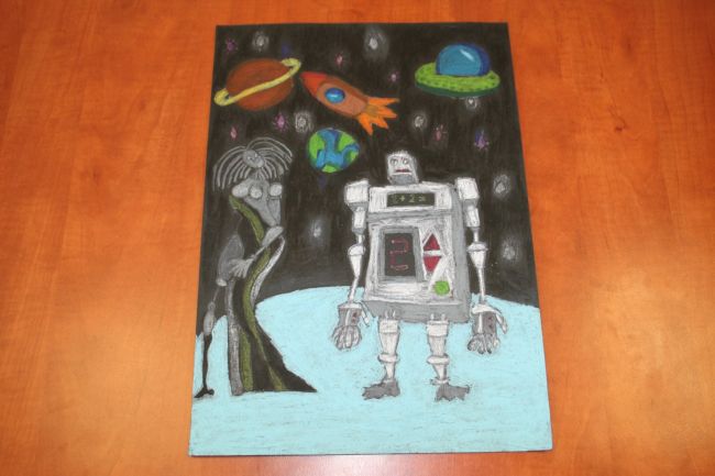 praca plastyczna przedstawiająca robota i futurystyczną kobietę