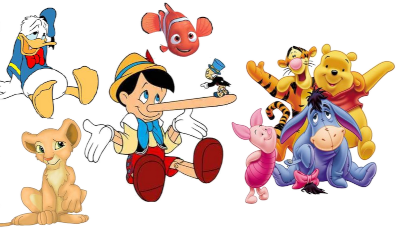 Na ilustracji ukazane są postacie animowane z popularnych bajek: Kaczor Donald, Nala z bajki 