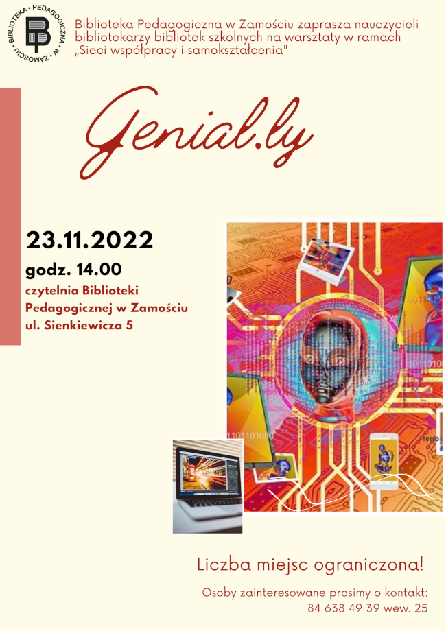 U góry plakatu z lewej strony logo Biblioteki Pedagogicznej w Zamościu. Obok loga informacja: Biblioteka Pedagogiczna w Zamościu zaprasza nauczycieli bibliotekarzy bibliotek szkolnych na warsztaty w ramach  „Sieci współpracy i samokształcenia