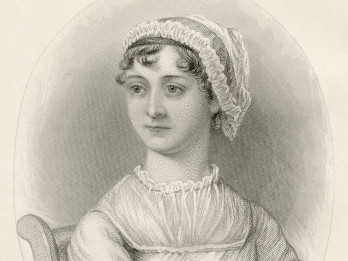 Czarno-biały portret Jane Austen. Pisarka patrzy w bok, jakby pozowała. Ma duże oczy, delikatne brwi, wąskie usta, krótkie, lekko kręcone włosy.