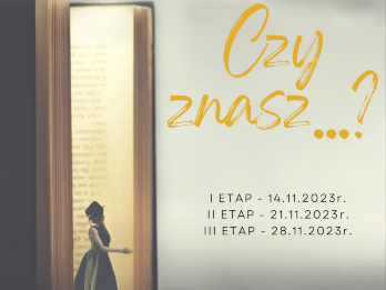 W lewym górnym rogu umieszczone jest logo Biblioteki Pedagogicznej w Zamościu. W części środkowej, u góry plakatu znajduje się napis „Biblioteka Pedagogiczna w Zamościu zaprasza uczniów szkół podstawowych klas 7 – 8 do udziału w wojewódzkim konkursie czytelniczym. Poniżej napisu, z lewej strony niemal na całej jej długości znajduje się ilustracja przedstawiająca stojącą, w połowie otwartą książkę. Z książki wychodzi tajemnicza postać – dziewczyna. Z prawej strony plakatu na wysokości książki znajduje się duży napis „Czy znasz…?”. Pod napisem znacznie mniejszą czcionką podane zostały etapy konkursu: I etap - 14.11.2023 r., II etap - 21.11.2023 r., III etap - 28.11.2023 r. U dołu plakatu znajduje się kolejny napis: Regulamin i karta zgłoszenia na stronie www.bipe.pl Dół plakatu stanowi pasek z logami: Patronat honorowy: Marszałek Województwa Lubelskiego, Kuratorium Oświaty w Lublinie, Prezydent Miasta Zamość, Partnerzy: Biblioteka Pedagogiczna w Lublinie, Chełmie i Białej Podlaskiej, oraz Patronat medialny: Tygodnik Zamojski, TVP 3 Lublin, Katolickie radio Zamość, Kronika Tygodnia.