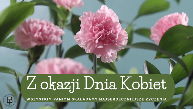 Kartka z życzeniami z okazji  Dnia Kobiet. Tło kartki stanowi łąka goździków, a na tym tle u dołu kartki na wyróżnionym innym kolorem polu znajduje się napis:  Z OKAZJI DNIA KOBIET WSZYSTKIM PANIOM SKŁADAMY NAJSERDECZNIEJSZE ŻYCZENIA. Z lewej strony napisu umieszczone jest okrągłe logo Biblioteki Pedagogicznej w Zamościu.