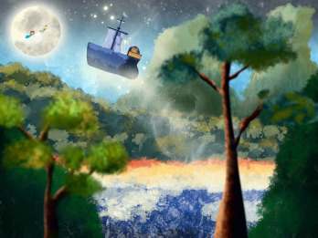 Na ilustracji graficznej poprzez korony drzew w lesie widać nocne niebo na nim duży księżyc, gwiazdy, a także płynący po niebie statek, a za nim Piotruś Pan i dziewczynka.