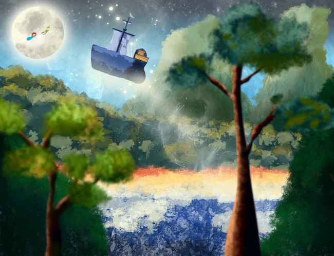 Na ilustracji graficznej poprzez korony drzew w lesie widać nocne niebo na nim duży księżyc, gwiazdy, a także płynący po niebie statek, a za nim Piotruś Pan i dziewczynka.