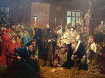 Ilustracja przedstawia obraz Jana Matejki "Unia Lubelska", który został namalowany w 1869 r. w trzysetną rocznicę zawarcia unii Polski i Litwy. Obraz można oglądać w Zamku Lubelskim w Lublinie.