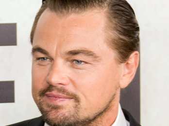Zdjęcie przedstawia popiersie Leonarda DiCaprio. Jest ubrany w garnitur, białą koszulę oraz krawat w dwa paski. Włosy ma uczesane na bok, na twarzy ma delikatny zarost.