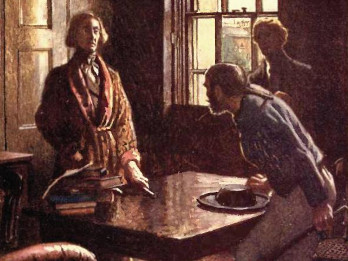 Ilustracja autorstwa Byama Shawa do opowiadania Edgara Allana Poego "Zabójstwo przy Rue Morgue". Na ilustracji widać trzy postacie zgromadzone wokół małego stołu. Starszy mężczyzna w okularach jest ubrany w szlafrok, drugi mężczyzna nachyla się nad stołem, w ręku trzyma długą pałkę. Starsza kobieta stoi przy dużym oknie. Na stole leży kapelusz i kilka książek. Na podłodze obok stołu są zrzucone gazety.