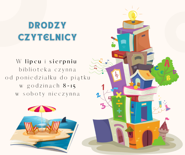  Plakat informuje o letnich godzinach otwarcia biblioteki. Nagłówek: Na górze plakatu, po lewej stronie, znajduje się duży napis: 