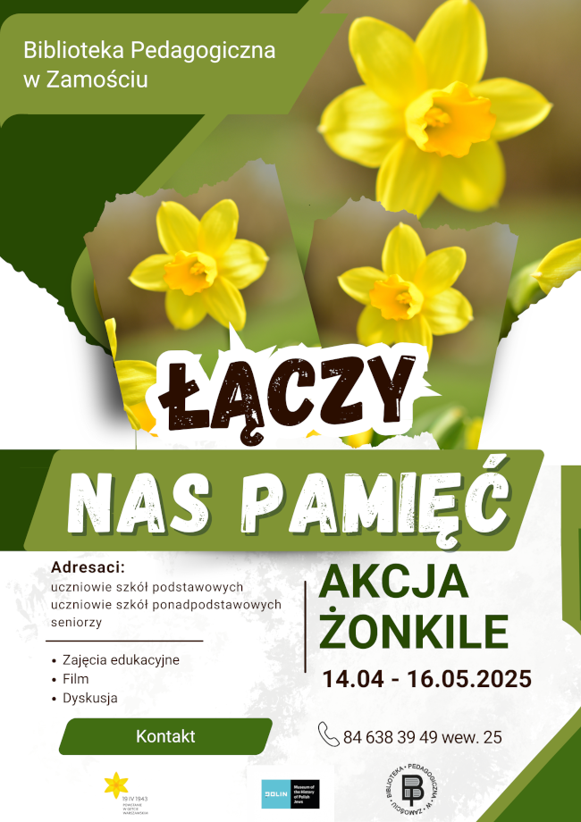 Na plakacie dominują motywy żonkili – symbolu pamięci o bohaterach powstania w getcie warszawskim z 1943 roku. Hasło „Łączy nas pamięć” podkreśla wspólnotowy wymiar pamięci historycznej i budowania tożsamości opartej na szacunku, empatii i solidarności.