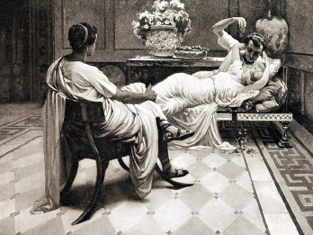 Obraz Piotra Stachiewicza nawiązujący do Quo vadis Henryka Sienkiewicza. Na obrazie Winicjusz przysłuchuje się Petroniuszowi, który rozmawia w pozycji półleżącej.